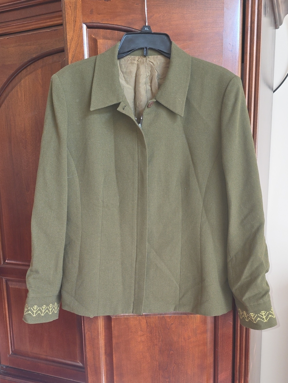 Olive Green Tailored Jacket W/ Embroidered Cuffs